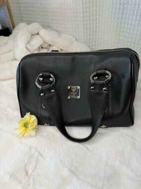 ✨ MCM Black Leather Boston Satchel – Silver Hardware ✨